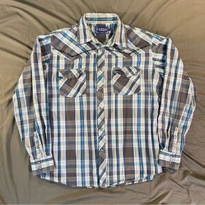 Cowboy Hardware Barbwire Embroidered Plaid Pearl Snap Western Shirt Large